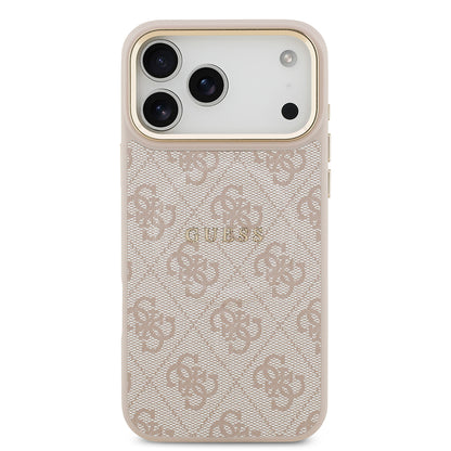 Apple iPhone 17 Pro Max Kılıf Guess Orjinal Lisanslı M-safe Şarj Özellikli Gold Metal Kamera Çerçeveli PU Deri 4G Desenli Yazı Logolu Kapak
