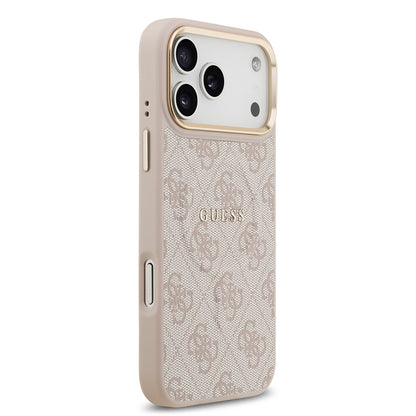 Apple iPhone 17 Pro Max Kılıf Guess Orjinal Lisanslı M-safe Şarj Özellikli Gold Metal Kamera Çerçeveli PU Deri 4G Desenli Yazı Logolu Kapak