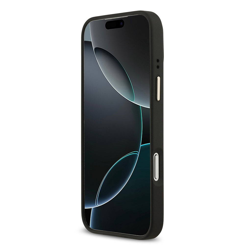 Apple iPhone 17 Pro Max Kılıf Guess Orjinal Lisanslı M-safe Şarj Özellikli Gold Metal Kamera Çerçeveli PU Deri 4G Desenli Yazı Logolu Kapak