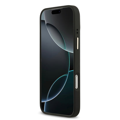 Apple iPhone 17 Pro Max Kılıf Guess Orjinal Lisanslı M-safe Şarj Özellikli Gold Metal Kamera Çerçeveli PU Deri 4G Desenli Yazı Logolu Kapak