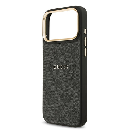 Apple iPhone 17 Pro Max Kılıf Guess Orjinal Lisanslı M-safe Şarj Özellikli Gold Metal Kamera Çerçeveli PU Deri 4G Desenli Yazı Logolu Kapak
