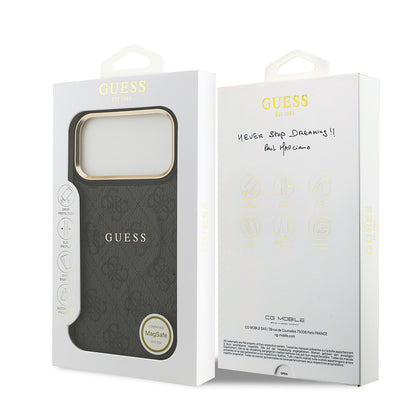 Apple iPhone 17 Pro Max Kılıf Guess Orjinal Lisanslı M-safe Şarj Özellikli Gold Metal Kamera Çerçeveli PU Deri 4G Desenli Yazı Logolu Kapak
