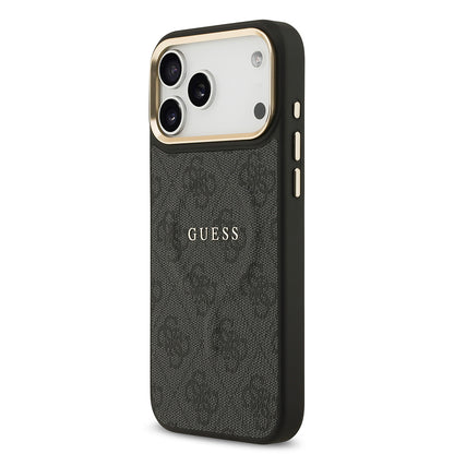 Apple iPhone 17 Pro Max Kılıf Guess Orjinal Lisanslı M-safe Şarj Özellikli Gold Metal Kamera Çerçeveli PU Deri 4G Desenli Yazı Logolu Kapak