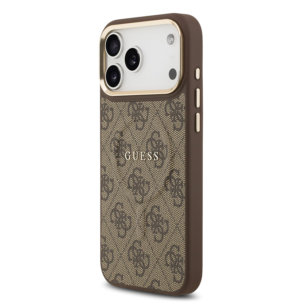 Apple iPhone 17 Pro Max Kılıf Guess Orjinal Lisanslı M-safe Şarj Özellikli Gold Metal Kamera Çerçeveli PU Deri 4G Desenli Yazı Logolu Kapak