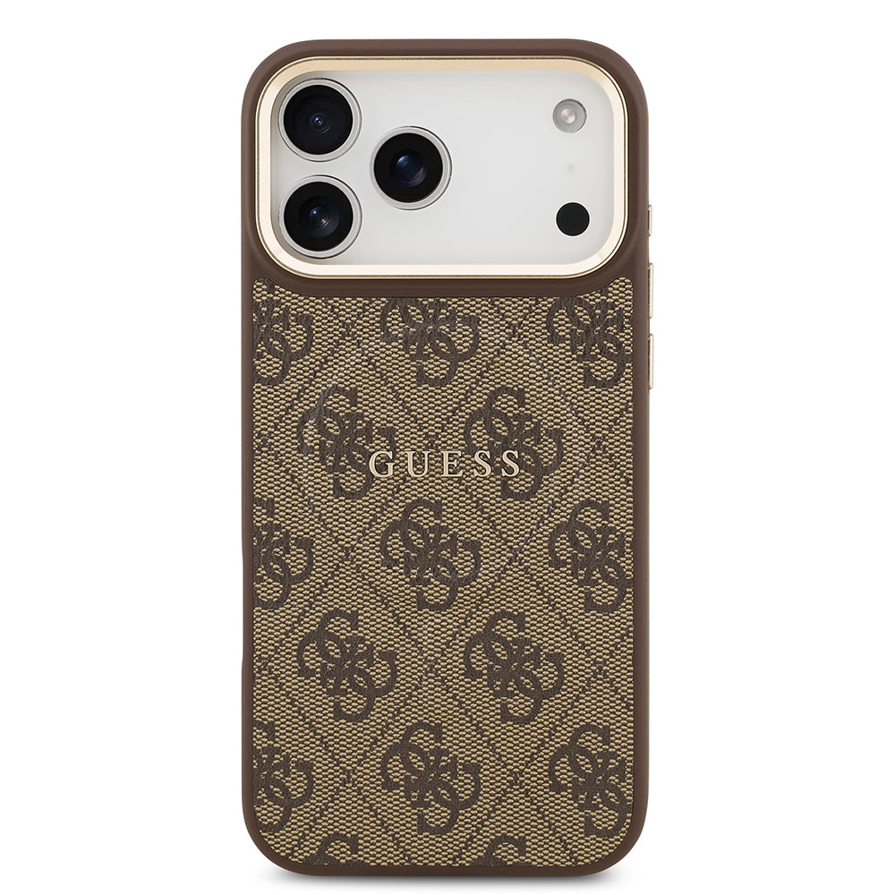 Apple iPhone 17 Pro Max Kılıf Guess Orjinal Lisanslı M-safe Şarj Özellikli Gold Metal Kamera Çerçeveli PU Deri 4G Desenli Yazı Logolu Kapak