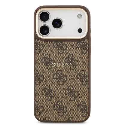Apple iPhone 17 Pro Max Kılıf Guess Orjinal Lisanslı M-safe Şarj Özellikli Gold Metal Kamera Çerçeveli PU Deri 4G Desenli Yazı Logolu Kapak
