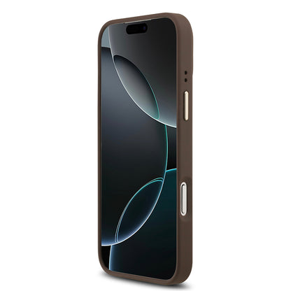 Apple iPhone 17 Pro Max Kılıf Guess Orjinal Lisanslı M-safe Şarj Özellikli Gold Metal Kamera Çerçeveli PU Deri 4G Desenli Yazı Logolu Kapak