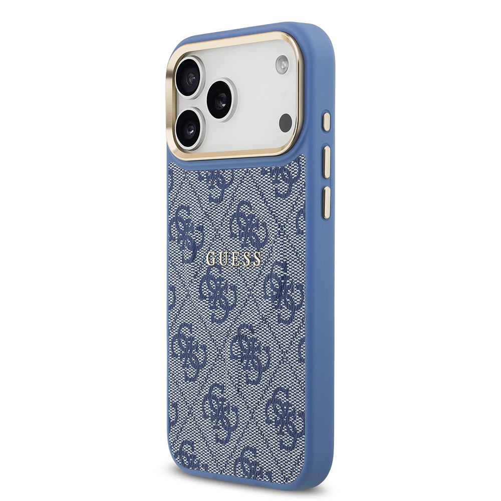 Apple iPhone 17 Pro Max Kılıf Guess Orjinal Lisanslı M-safe Şarj Özellikli Gold Metal Kamera Çerçeveli PU Deri 4G Desenli Yazı Logolu Kapak
