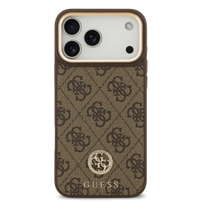 Apple iPhone 17 Pro Max Kılıf Guess Orjinal Lisanslı M-safe Şarj Özellikli Gold Metal Kamera Çerçeveli Taşlı 4G Logolu Kapak
