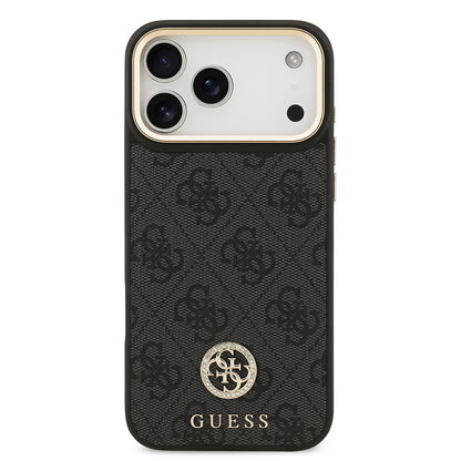 Apple iPhone 17 Pro Max Kılıf Guess Orjinal Lisanslı M-safe Şarj Özellikli Gold Metal Kamera Çerçeveli Taşlı 4G Logolu Kapak