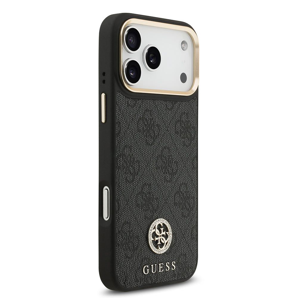 Apple iPhone 17 Pro Max Kılıf Guess Orjinal Lisanslı M-safe Şarj Özellikli Gold Metal Kamera Çerçeveli Taşlı 4G Logolu Kapak