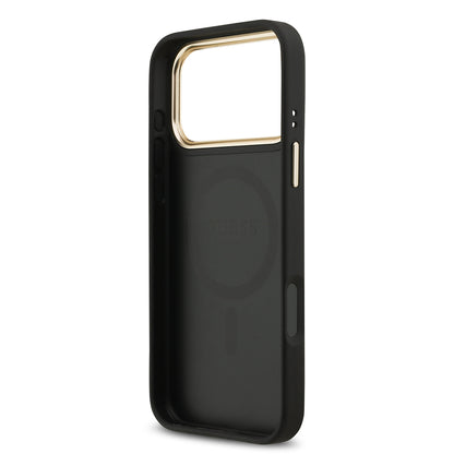 Apple iPhone 17 Pro Max Kılıf Guess Orjinal Lisanslı M-safe Şarj Özellikli Gold Metal Kamera Çerçeveli Taşlı 4G Logolu Kapak