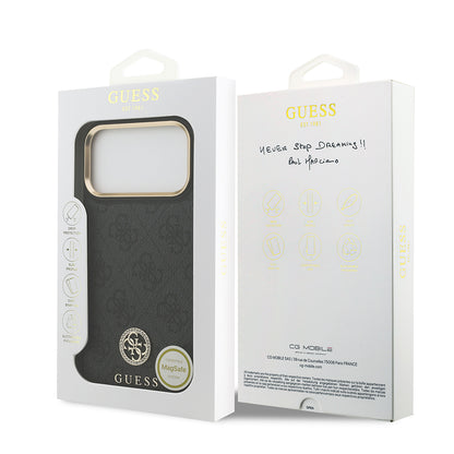 Apple iPhone 17 Pro Max Kılıf Guess Orjinal Lisanslı M-safe Şarj Özellikli Gold Metal Kamera Çerçeveli Taşlı 4G Logolu Kapak