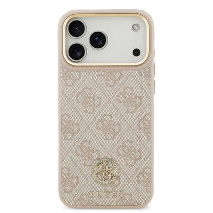 Apple iPhone 17 Pro Max Kılıf Guess Orjinal Lisanslı M-safe Şarj Özellikli Gold Metal Kamera Çerçeveli Taşlı 4G Logolu Kapak