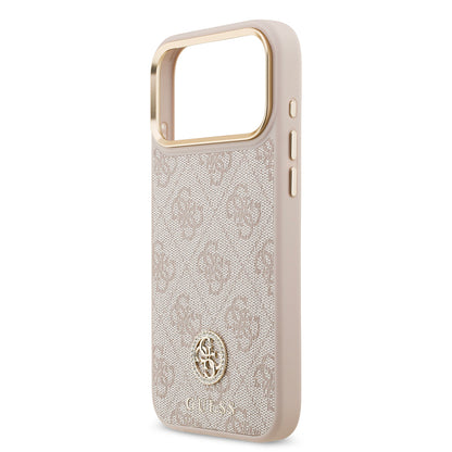Apple iPhone 17 Pro Max Kılıf Guess Orjinal Lisanslı M-safe Şarj Özellikli Gold Metal Kamera Çerçeveli Taşlı 4G Logolu Kapak