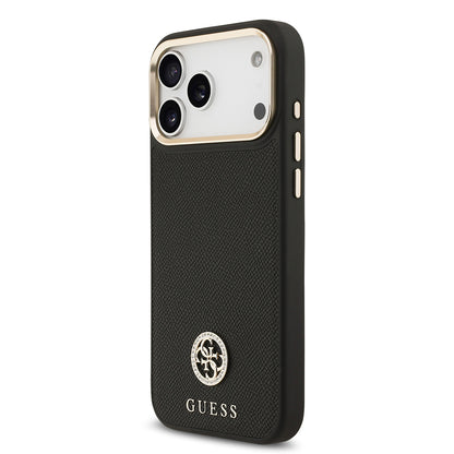 Apple iPhone 17 Pro Max Kılıf Guess Orjinal Lisanslı M-safe Şarj Özellikli Grained Yazı ve Taşlı 4G Logolu Kapak