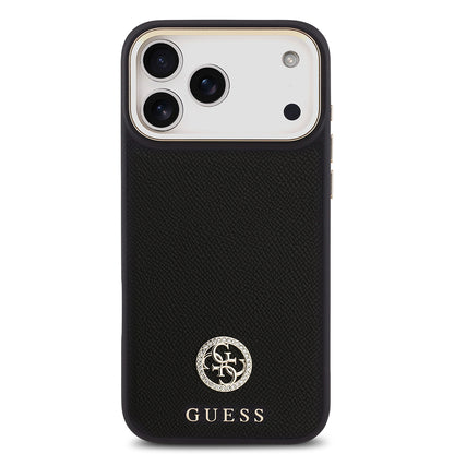 Apple iPhone 17 Pro Max Kılıf Guess Orjinal Lisanslı M-safe Şarj Özellikli Grained Yazı ve Taşlı 4G Logolu Kapak