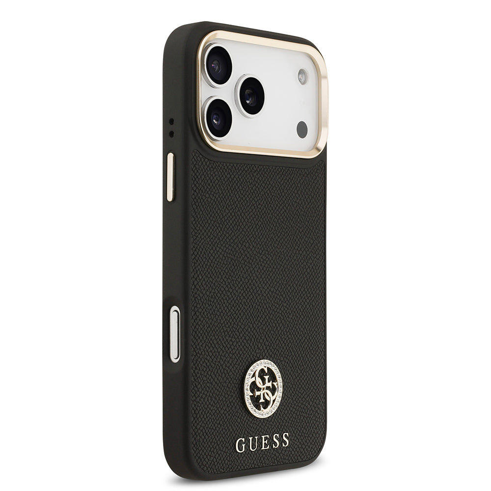 Apple iPhone 17 Pro Max Kılıf Guess Orjinal Lisanslı M-safe Şarj Özellikli Grained Yazı ve Taşlı 4G Logolu Kapak