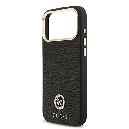 Apple iPhone 17 Pro Max Kılıf Guess Orjinal Lisanslı M-safe Şarj Özellikli Grained Yazı ve Taşlı 4G Logolu Kapak