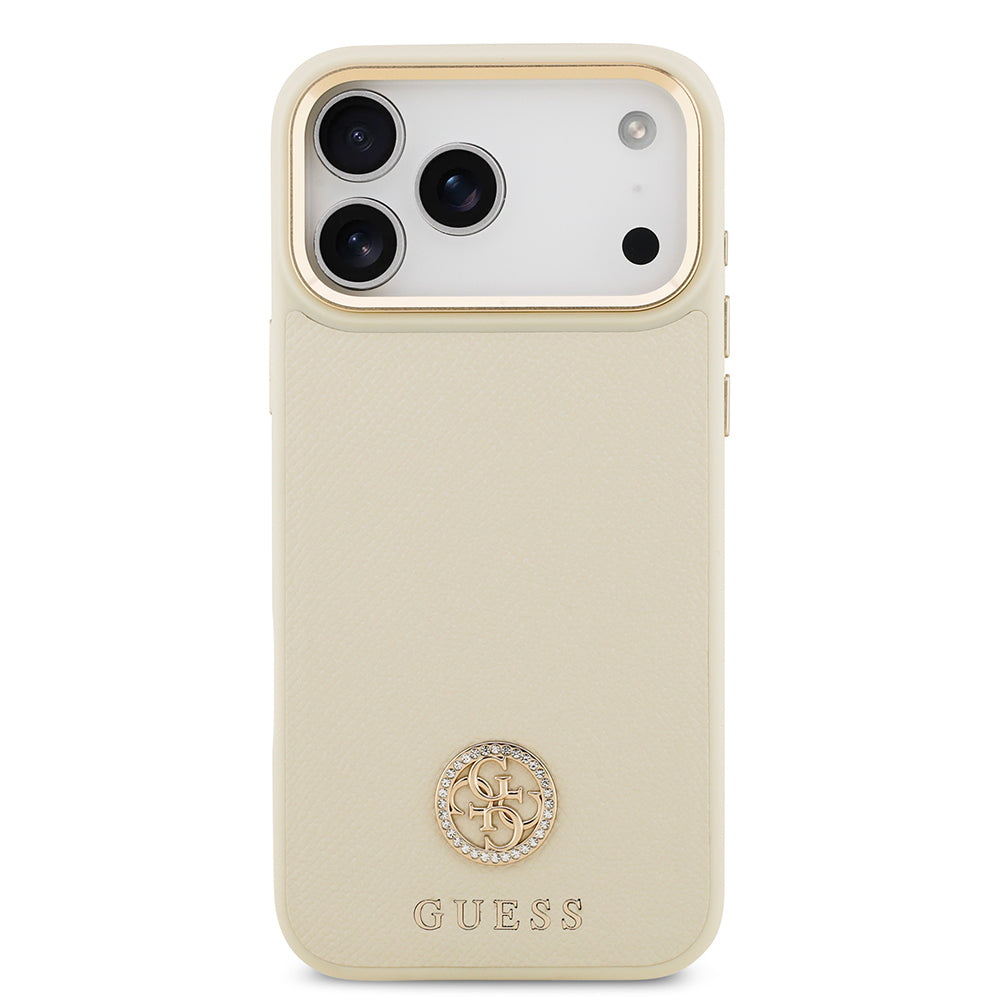 Apple iPhone 17 Pro Max Kılıf Guess Orjinal Lisanslı M-safe Şarj Özellikli Grained Yazı ve Taşlı 4G Logolu Kapak