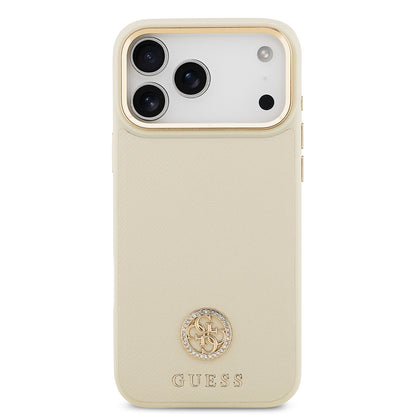 Apple iPhone 17 Pro Max Kılıf Guess Orjinal Lisanslı M-safe Şarj Özellikli Grained Yazı ve Taşlı 4G Logolu Kapak