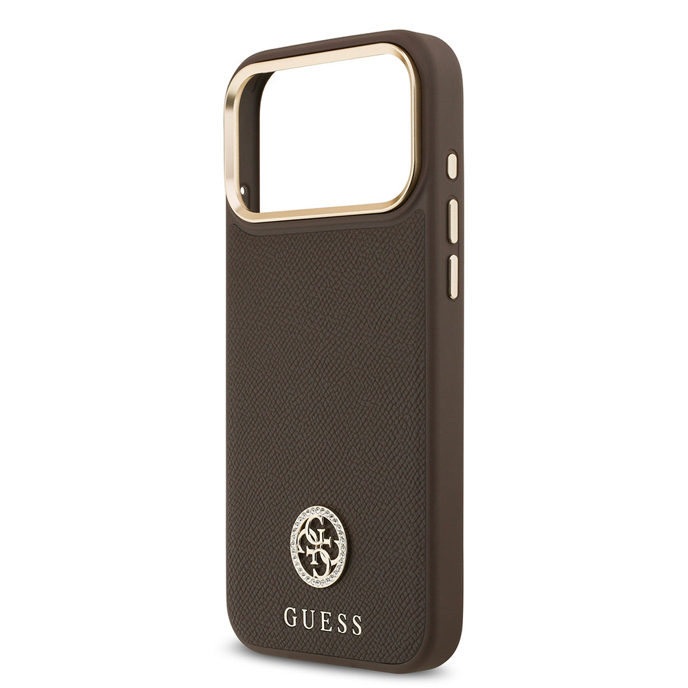 Apple iPhone 17 Pro Max Kılıf Guess Orjinal Lisanslı M-safe Şarj Özellikli Grained Yazı ve Taşlı 4G Logolu Kapak