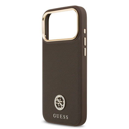 Apple iPhone 17 Pro Max Kılıf Guess Orjinal Lisanslı M-safe Şarj Özellikli Grained Yazı ve Taşlı 4G Logolu Kapak