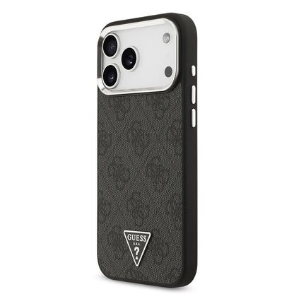 Apple iPhone 17 Pro Max Kılıf Guess Orjinal Lisanslı M-safe Şarj Özellikli Gümüş Metal Kamera Çerçeveli Üçgen Logo 4G Desenli Kapak