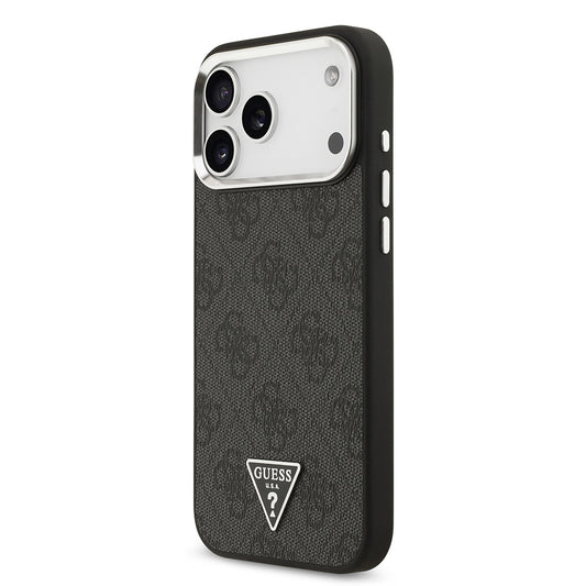 Apple iPhone 17 Pro Max Kılıf Guess Orjinal Lisanslı M-safe Şarj Özellikli Gümüş Metal Kamera Çerçeveli Üçgen Logo 4G Desenli Kapak
