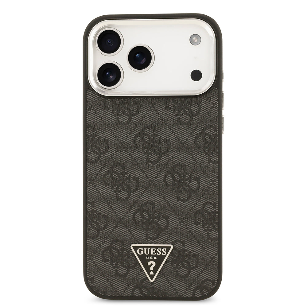 Apple iPhone 17 Pro Max Kılıf Guess Orjinal Lisanslı M-safe Şarj Özellikli Gümüş Metal Kamera Çerçeveli Üçgen Logo 4G Desenli Kapak