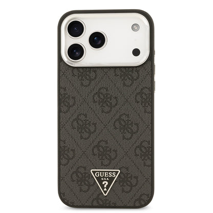 Apple iPhone 17 Pro Max Kılıf Guess Orjinal Lisanslı M-safe Şarj Özellikli Gümüş Metal Kamera Çerçeveli Üçgen Logo 4G Desenli Kapak
