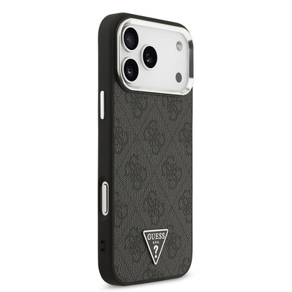 Apple iPhone 17 Pro Max Kılıf Guess Orjinal Lisanslı M-safe Şarj Özellikli Gümüş Metal Kamera Çerçeveli Üçgen Logo 4G Desenli Kapak