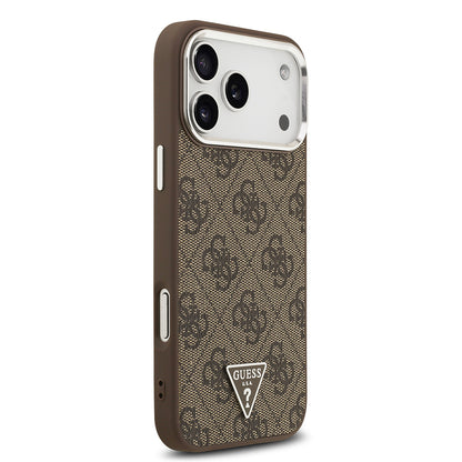 Apple iPhone 17 Pro Max Kılıf Guess Orjinal Lisanslı M-safe Şarj Özellikli Gümüş Metal Kamera Çerçeveli Üçgen Logo 4G Desenli Kapak