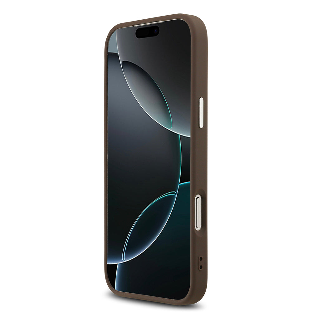Apple iPhone 17 Pro Max Kılıf Guess Orjinal Lisanslı M-safe Şarj Özellikli Gümüş Metal Kamera Çerçeveli Üçgen Logo 4G Desenli Kapak