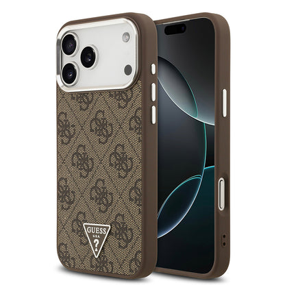 Apple iPhone 17 Pro Max Kılıf Guess Orjinal Lisanslı M-safe Şarj Özellikli Gümüş Metal Kamera Çerçeveli Üçgen Logo 4G Desenli Kapak