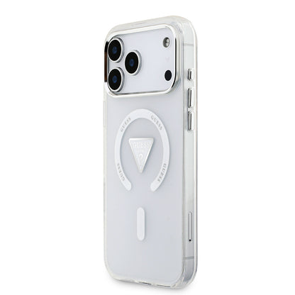 Apple iPhone 17 Pro Max Kılıf Guess Orjinal Lisanslı M-safe Şarj Özellikli IML Baskılı Üçgen Logolu Metal Kamera Çerçeveli Kapak