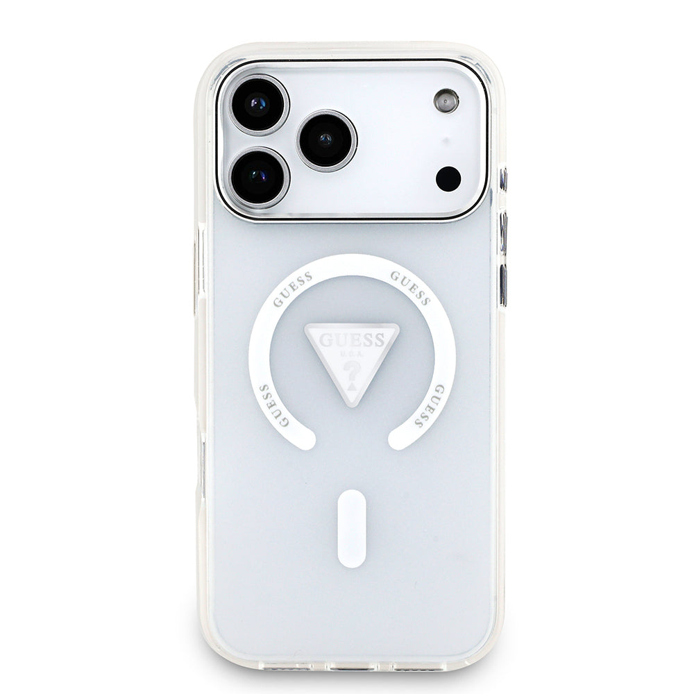 Apple iPhone 17 Pro Max Kılıf Guess Orjinal Lisanslı M-safe Şarj Özellikli IML Baskılı Üçgen Logolu Metal Kamera Çerçeveli Kapak
