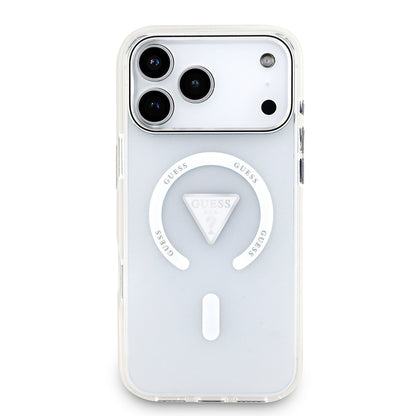 Apple iPhone 17 Pro Max Kılıf Guess Orjinal Lisanslı M-safe Şarj Özellikli IML Baskılı Üçgen Logolu Metal Kamera Çerçeveli Kapak