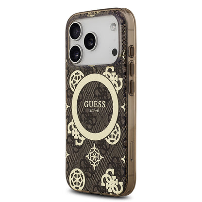 Apple iPhone 17 Pro Max Kılıf Guess Orjinal Lisanslı M-safe Şarj Özellikli IML Peony ve 4G Desenli Klasik Logolu Kapak