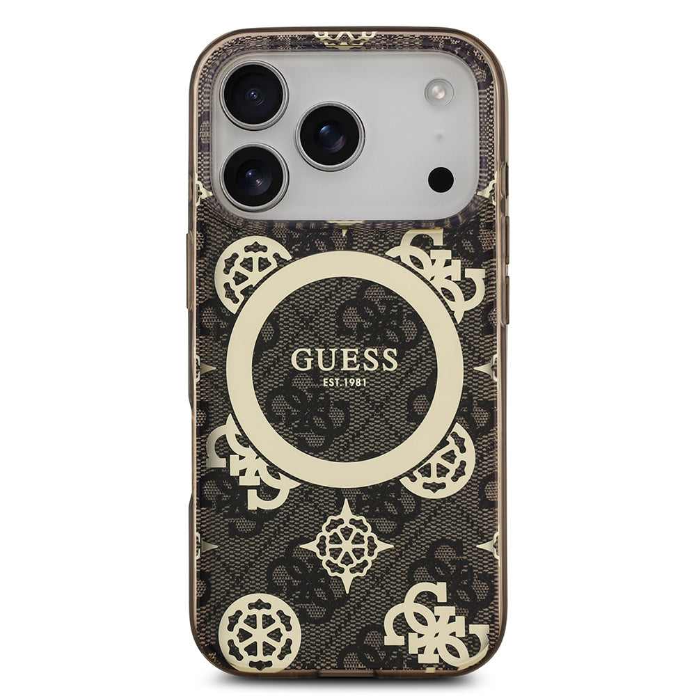 Apple iPhone 17 Pro Max Kılıf Guess Orjinal Lisanslı M-safe Şarj Özellikli IML Peony ve 4G Desenli Klasik Logolu Kapak