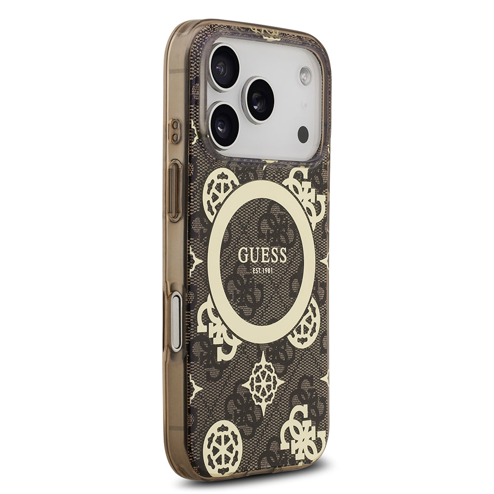 Apple iPhone 17 Pro Max Kılıf Guess Orjinal Lisanslı M-safe Şarj Özellikli IML Peony ve 4G Desenli Klasik Logolu Kapak