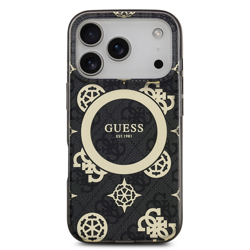 Apple iPhone 17 Pro Max Kılıf Guess Orjinal Lisanslı M-safe Şarj Özellikli IML Peony ve 4G Desenli Klasik Logolu Kapak