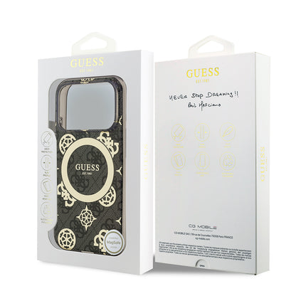Apple iPhone 17 Pro Max Kılıf Guess Orjinal Lisanslı M-safe Şarj Özellikli IML Peony ve 4G Desenli Klasik Logolu Kapak