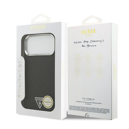 Apple iPhone 17 Pro Max Kılıf Guess Orjinal Lisanslı M-safe Şarj Özellikli Metal Kamera Çerçeveli Üçgen Logolu Glitter Kapak