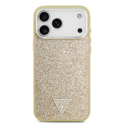 Apple iPhone 17 Pro Max Kılıf Guess Orjinal Lisanslı M-safe Şarj Özellikli Metal Kamera Çerçeveli Üçgen Logolu Glitter Kapak
