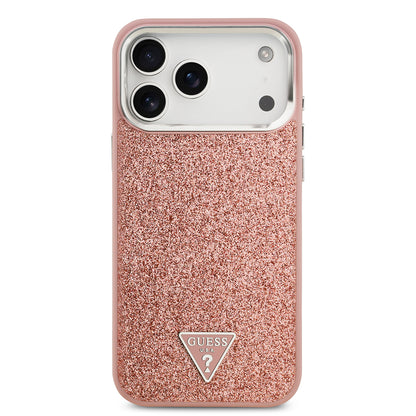 Apple iPhone 17 Pro Max Kılıf Guess Orjinal Lisanslı M-safe Şarj Özellikli Metal Kamera Çerçeveli Üçgen Logolu Glitter Kapak