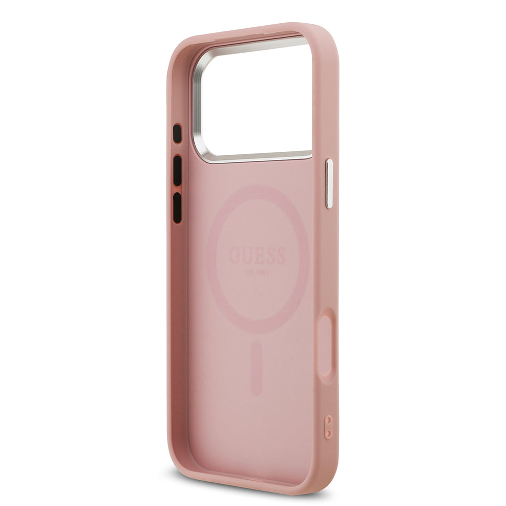 Apple iPhone 17 Pro Max Kılıf Guess Orjinal Lisanslı M-safe Şarj Özellikli Metal Kamera Çerçeveli Üçgen Logolu Glitter Kapak