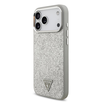 Apple iPhone 17 Pro Max Kılıf Guess Orjinal Lisanslı M-safe Şarj Özellikli Metal Kamera Çerçeveli Üçgen Logolu Glitter Kapak