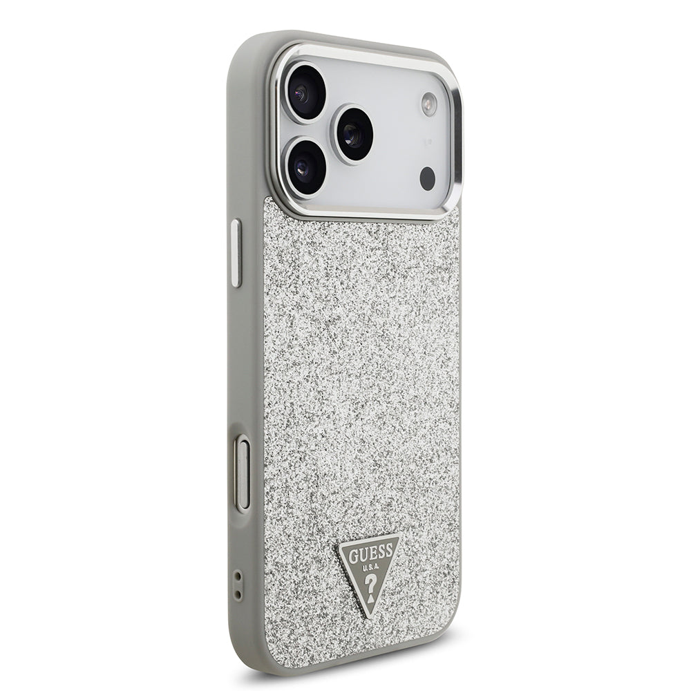 Apple iPhone 17 Pro Max Kılıf Guess Orjinal Lisanslı M-safe Şarj Özellikli Metal Kamera Çerçeveli Üçgen Logolu Glitter Kapak
