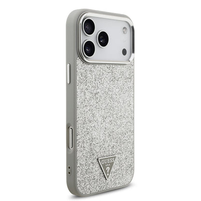 Apple iPhone 17 Pro Max Kılıf Guess Orjinal Lisanslı M-safe Şarj Özellikli Metal Kamera Çerçeveli Üçgen Logolu Glitter Kapak